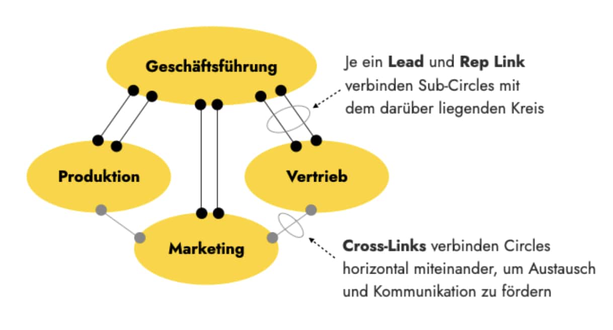 Diagramm mit fünf gelben Ellipsen, die die Bereiche Geschäftsführung, Produktion, Marketing, Vertrieb und deren Verbindungen in einer holokratischen Organisationsstruktur zeigen
