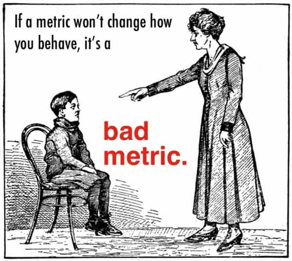 Illustration mit Frau, die einen Jungen ermahnt, mit Text: "bad metric" über einem klassischen Design.