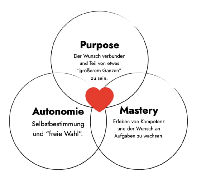 Visualisierung der drei Säulen: Purpose, Autonomie und Mastery mit Herz in der Mitte.