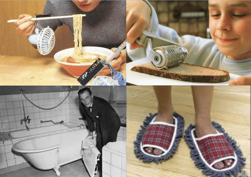Collage mit kuriosen Erfindungen: Nudelföhn, Butterroller, Badewannentür und Putztuch-Slipper.